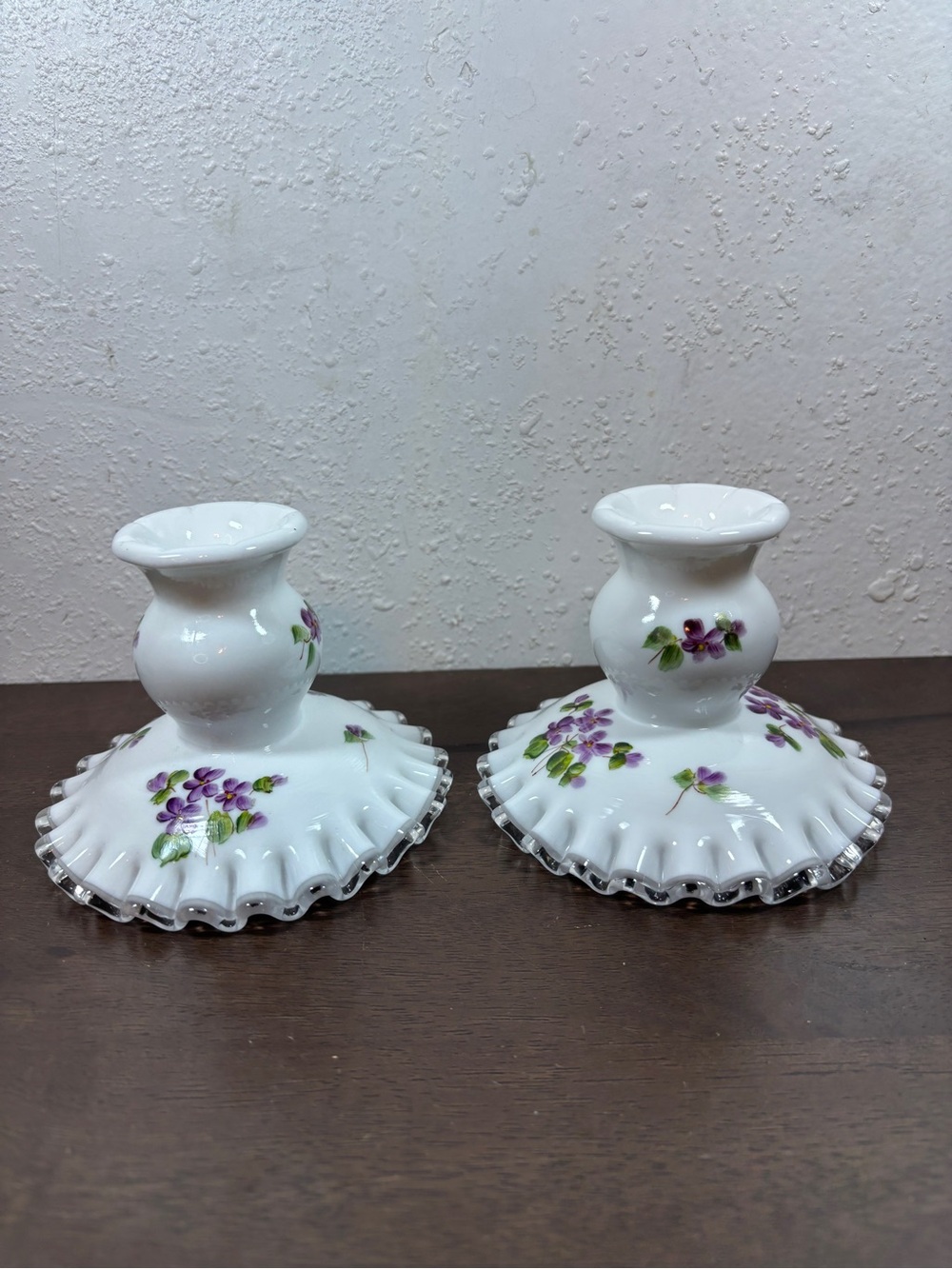 Fenton White Milk Glass Candlesticks with Purple Floral Detail